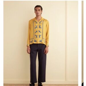 BODE Running Scottie Long Sleeve Shirt Yellow 100% Silk Camp Collar Mens Large